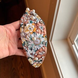 Floral Pearl-Embellished Padded Headband - Brown Multi